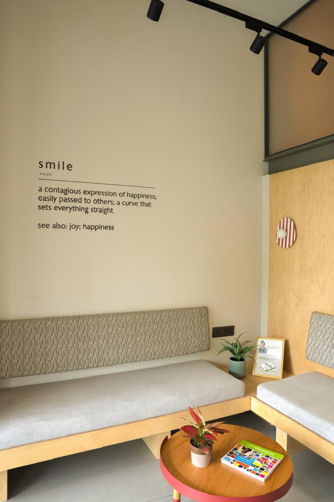 Clinic interior hallway with patient information wall